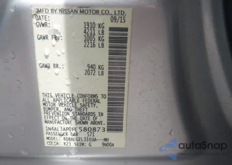 2015 Nissan Altima 2.5 S z USA, uszkodzony, nr VIN 1N4AL3AP0FC580873